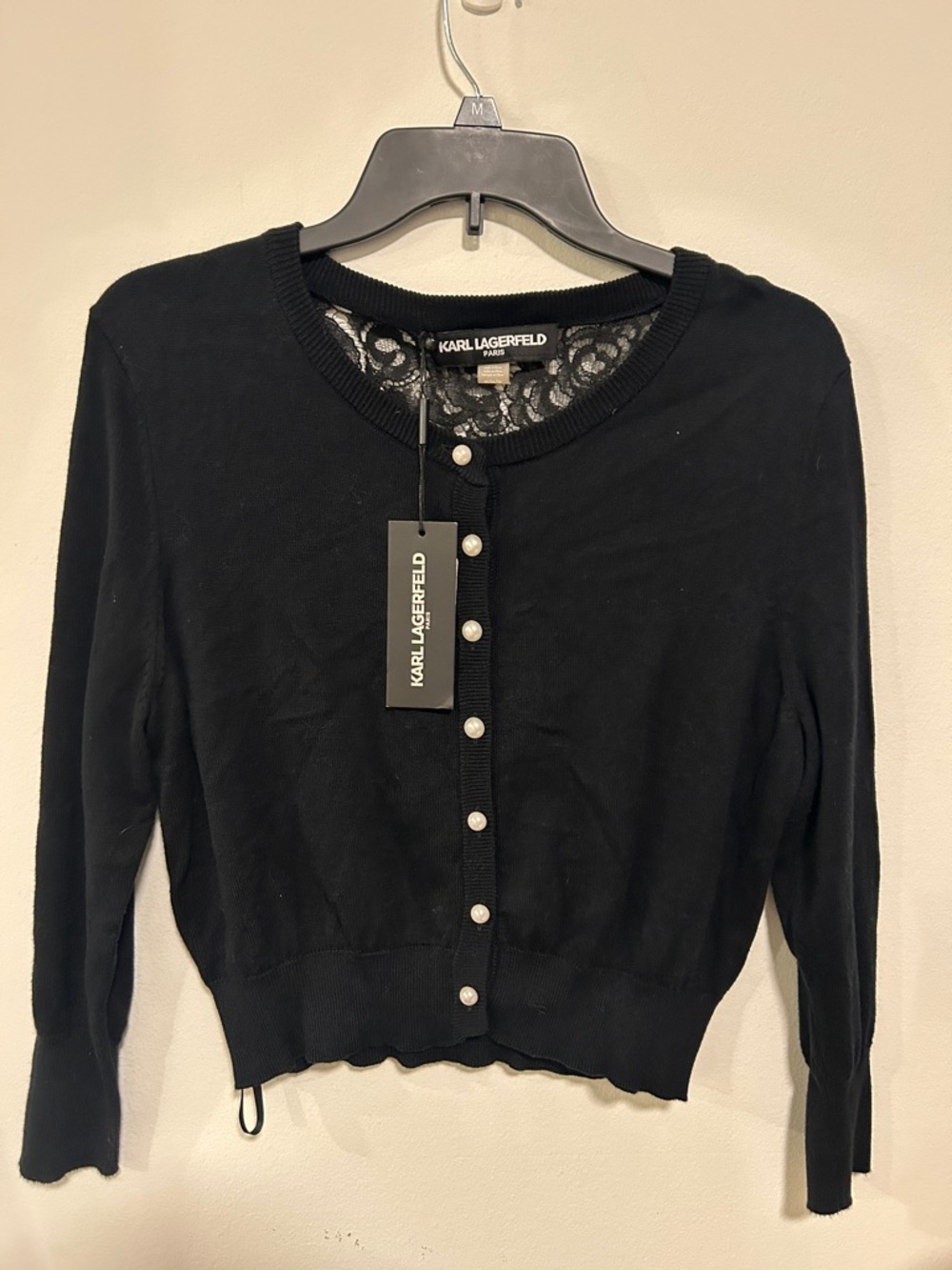 Karl Lagerfeld Black Pearl-Button Lace-Back Cardigan